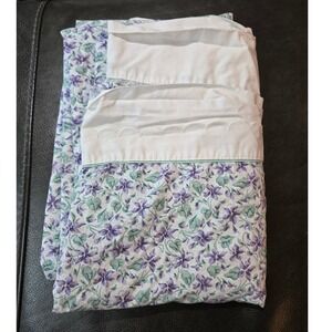 Vintage Full Flat Sheet - violets, pansies, purple, white ruffled edge